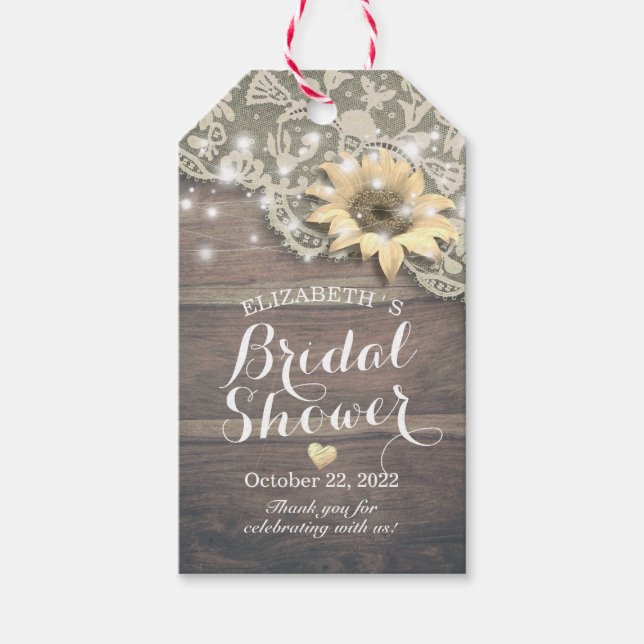 Bridal Shower Thank You Lace Sunflower Wood Lights Gift Tags (Front)