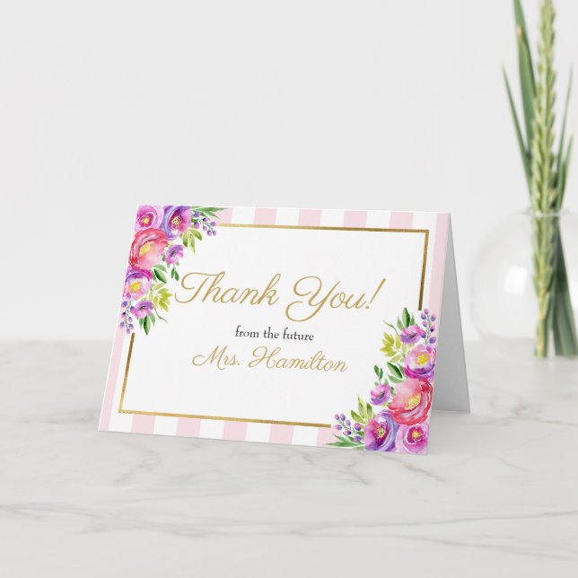 Bridal Shower Thank You Pink and Foil Gold Floral (Front)