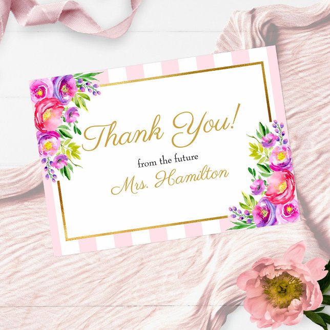 Bridal Shower Thank You Pink and Gold Floral Card (Creator Uploaded)