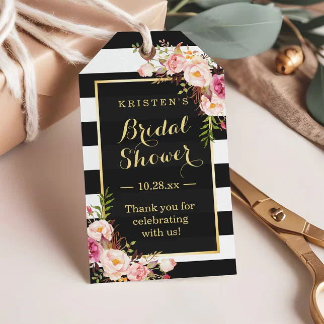 Bridal Shower Thank You Pink Floral Stripes Gift Tags | Zazzle
