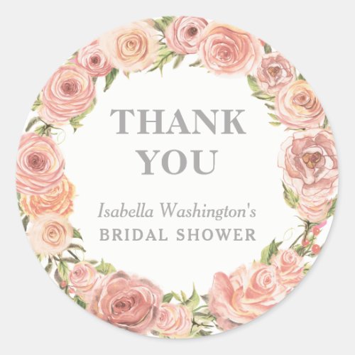 Bridal Shower Thank You | Romantic Floral Wreath Classic Round Sticker - ABOUT THIS DESIGN. Bridal Shower Thank You | Romantic Floral Wreath Template. Create your own romantic bridal shower thank you stickers by customizing this modern design.