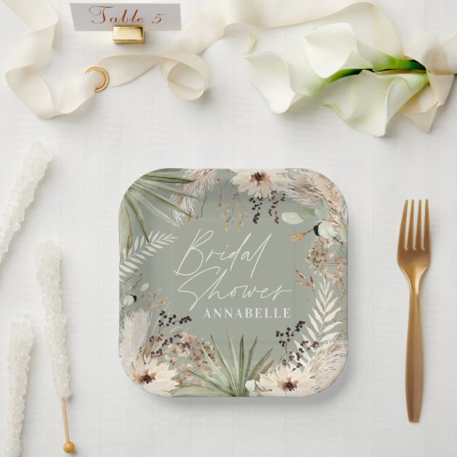 Bridal shower thankyou modern pampas grass foliage paper plates (Wedding)