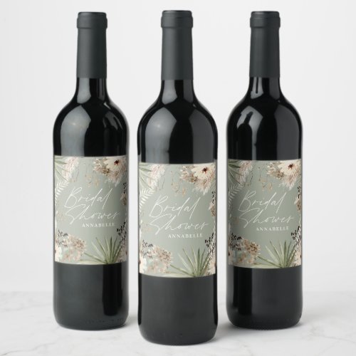 Bridal shower thankyou modern pampas sage green wine label