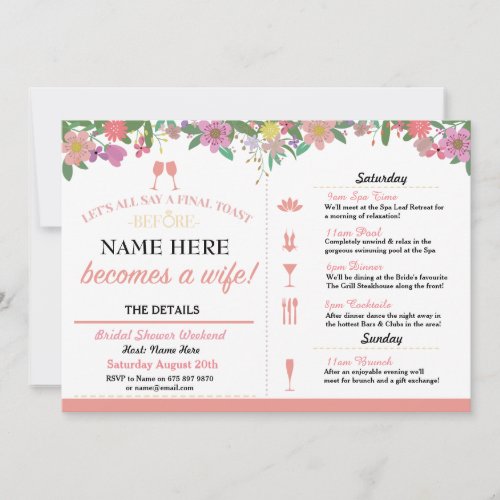 Bridal Shower Toast Floral Coral Pink Invite