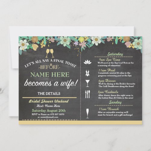 Bridal Shower Toast Floral Mint Chalk Invite