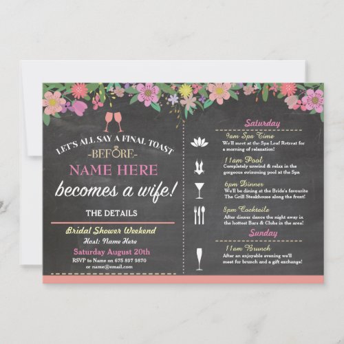 Bridal Shower Toast Floral Pink Chalk Invite