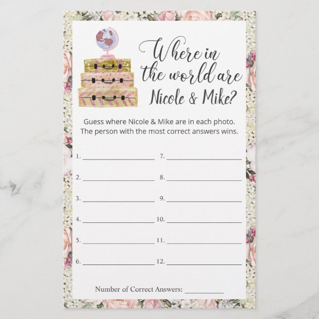 Bridal Shower Travel Photo Guessing Game Sheet (Front)