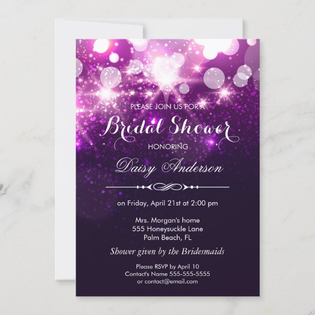 Bridal Shower - Trendy Purple Glitter Sparkles Invitation (Front)