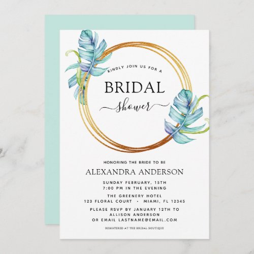 Bridal Shower Tropical Aqua Blue Geometric Wreath Invitation