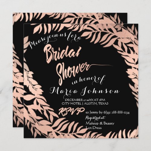 Bridal Shower Tropical Leafs Black White Rose Gold Invitation