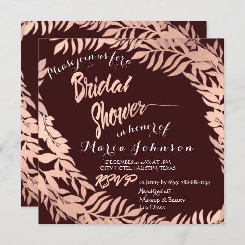 Bridal Shower Tropical Leafs Burgundy Rose Gold Invitation
