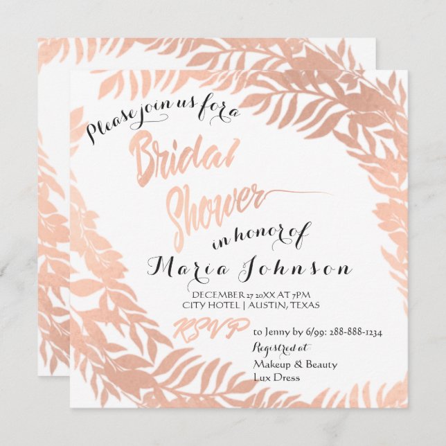 Bridal Shower Tropical Leafs Glitter Rose Gold Invitation (Front/Back)