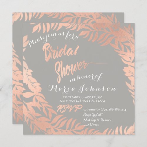 Bridal Shower Tropical Leafs Gray  Rose Gold Invitation