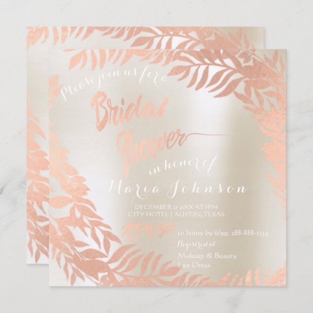 Bridal Shower Tropical Leafs Ivory Rose Gold Invitation (Front/Back)