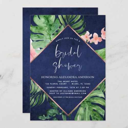 Bridal Shower Tropical Palm Navy Blue Invitation