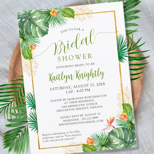 Bridal Shower Tropical Palm Watercolor Green Gold Invitation