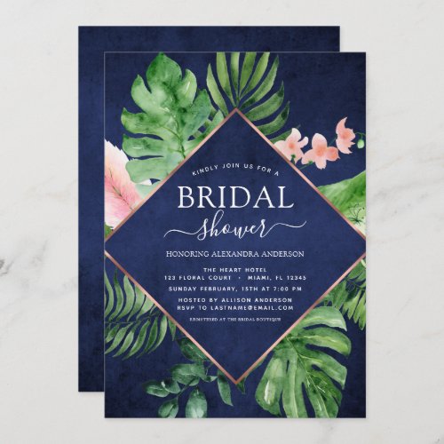 Bridal Shower Tropical Palm Watercolor Navy Blue Invitation