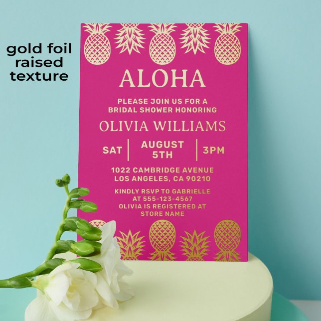 Bridal Shower Tropical Pineapple Luau Pink Foil Invitation (Tropical pineapple pink and gold foil bridal shower invitation)
