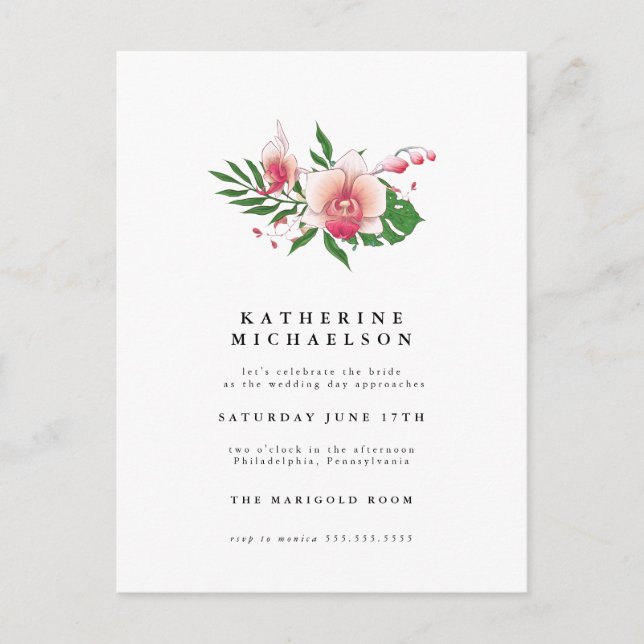 BRIDAL SHOWER | Tropical Pink Orchid Floral Postcard (Front)