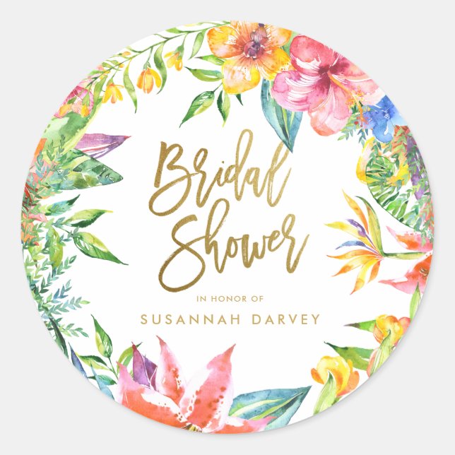 Bridal Shower | Tropical Watercolor Gold Script Classic Round Sticker (Front)