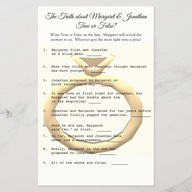 Bridal Shower True or False Game Flyer (Front)
