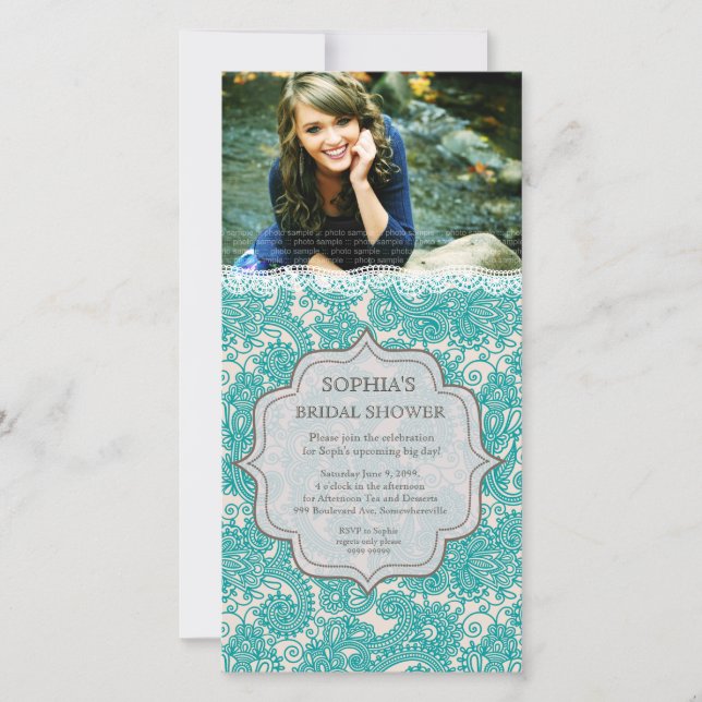 Bridal Shower Turquoise Lace Paisley Photo Invite (Front)