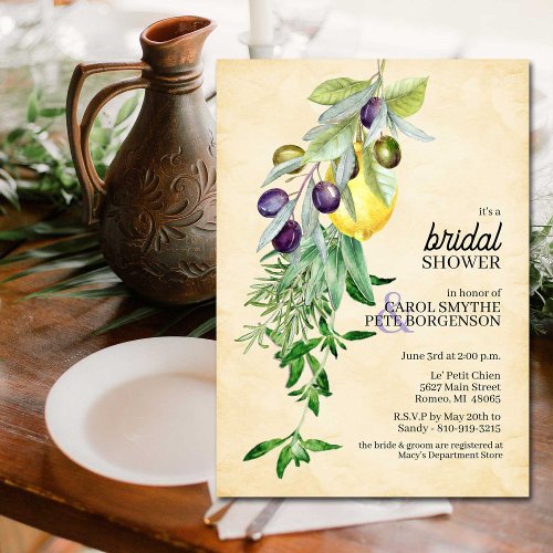 Bridal Shower Tuscan Botanical Lemons Herbs  Invitation