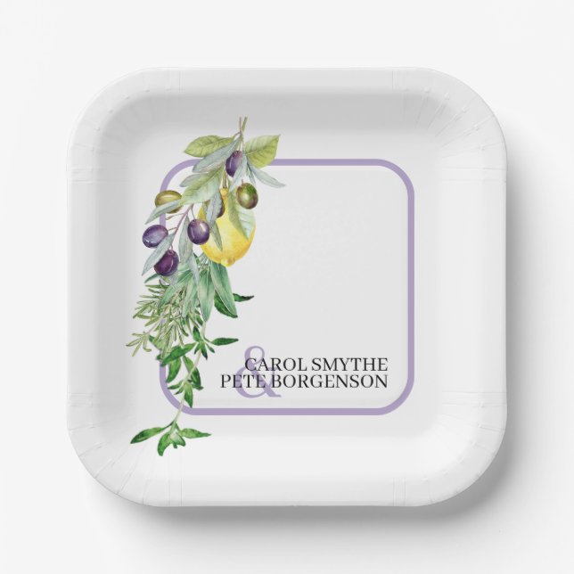 Bridal Shower Tuscan Lemon Herbs Bride and Groom Paper Plates (Front)