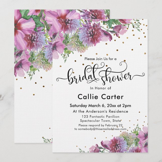 Bridal Shower Typography Wildflower Gold Confetti Invitation (Front/Back)