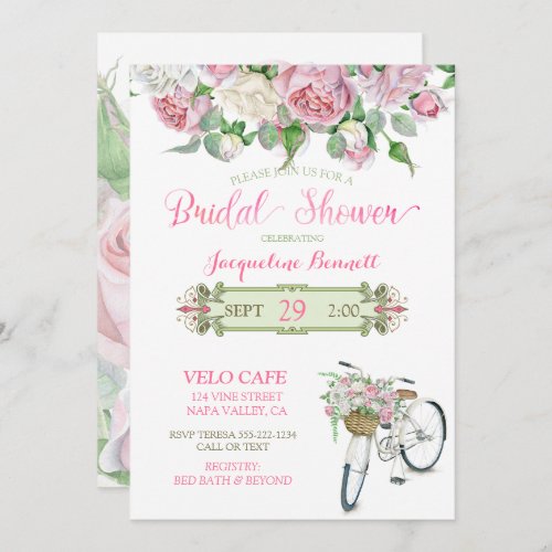 Bridal Shower Vintage Bicycle Basket Pink Roses Invitation