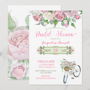 Bridal Shower Vintage Bicycle Basket Pink Roses Invitation