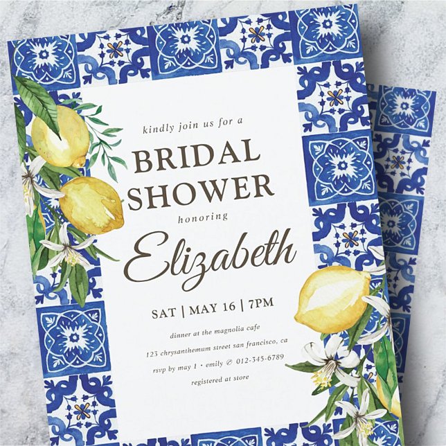 Bridal Shower Vintage Foliage Blue Mediterranean Invitation Postcard (Creator Uploaded)
