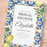 Bridal Shower Vintage Lemon Foliage Mediterranean Invitation Postcard<br><div class="desc">Composed of serif and cursive script typography. All against a watercolor backdrop of blue and white Mediterranean Spanish tiles with greenery foliage leaves,  lemons and wild floral flower botanicals.

This is designed by White Paper Birch Co.,  exclusive for Zazzle.

Available here:
http://www.zazzle.com/store/whitepaperbirch</div>