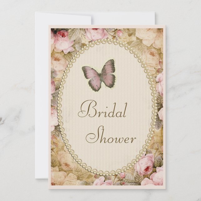 Bridal Shower Vintage Pearls Lace Roses Butterfly Invitation (Front)
