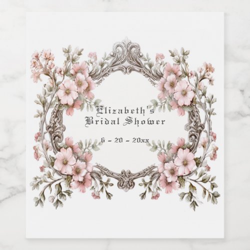 Bridal Shower Vintage Silver Frame Pink Roses Wine Label