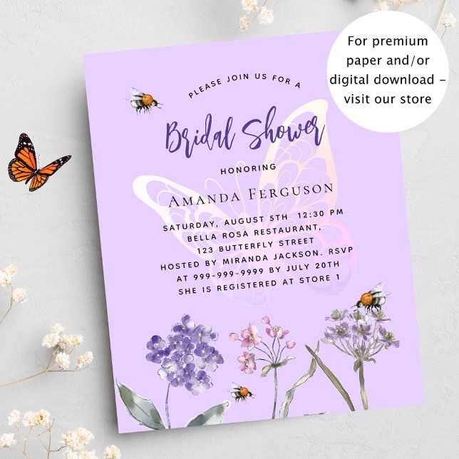 Bridal Shower violet butterfly budget invitation (Creator Uploaded)