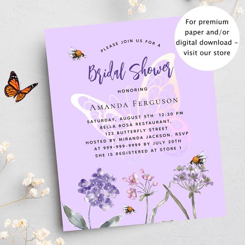 Bridal Shower violet butterfly budget invitation Flyer