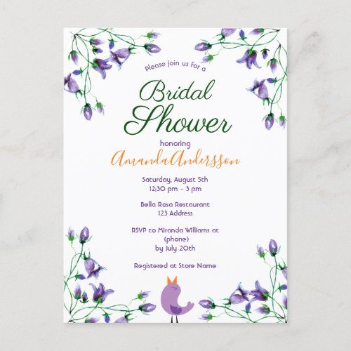 Bridal Shower violet florals bluebells white Invitation Postcard