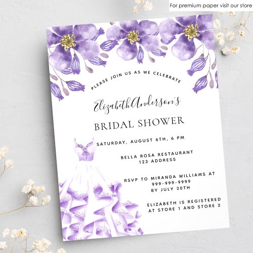 Bridal Shower violet white dress floral invitation Postcard