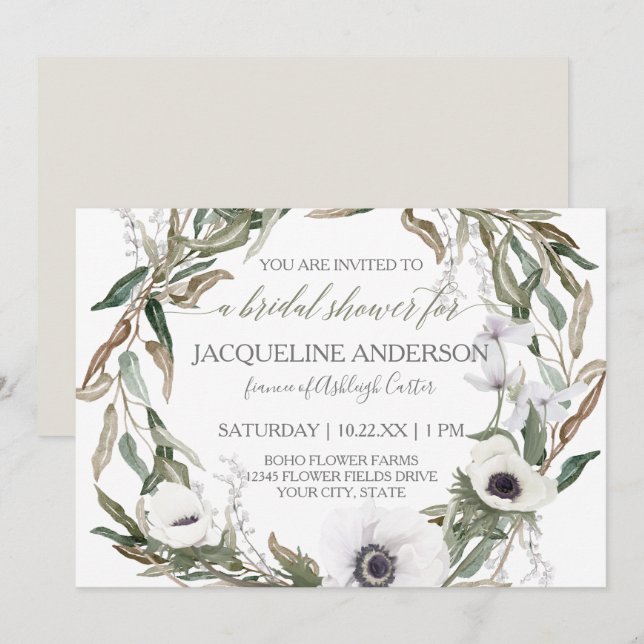 Bridal Shower Watercolor Anemone Olive Leaf Wreath Invitation (Front/Back)
