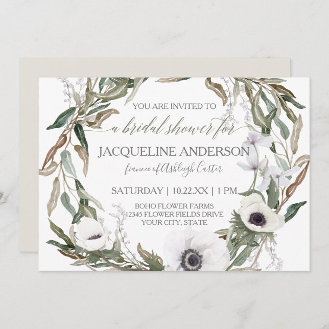 Bridal Shower Watercolor Anemone Olive Leaf Wreath Invitation (Front/Back)