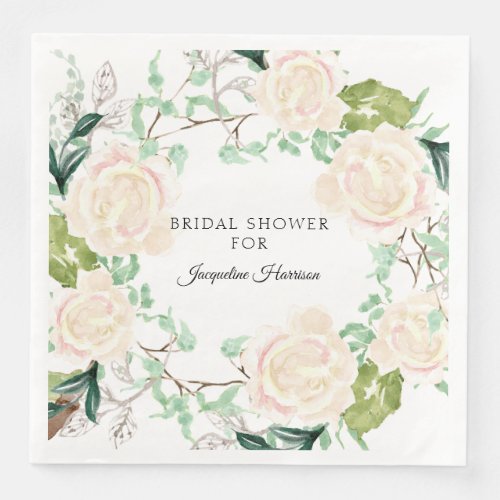 Bridal Shower Watercolor Art Floral Ivory Roses Paper Dinner Napkins