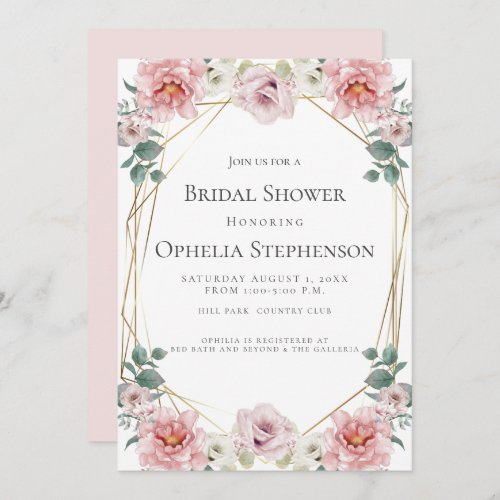BRIDAL SHOWER  Watercolor Baby Rosa Pink Flowers Invitation