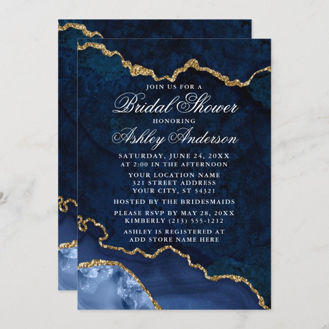 Bridal Shower Watercolor Blue Gold Marble Geode Invitation (Front/Back)