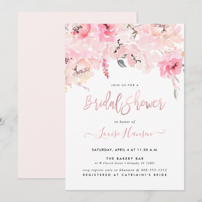 Bridal Shower, Watercolor Blush Pink Peonies Invitation (Front/Back)
