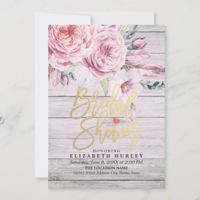 Bridal Shower Watercolor Boho Floral Rustic Wood Invitation (Front)