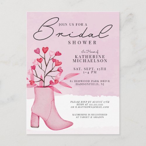 BRIDAL SHOWER  Watercolor Boot  Heart Bouquet Postcard