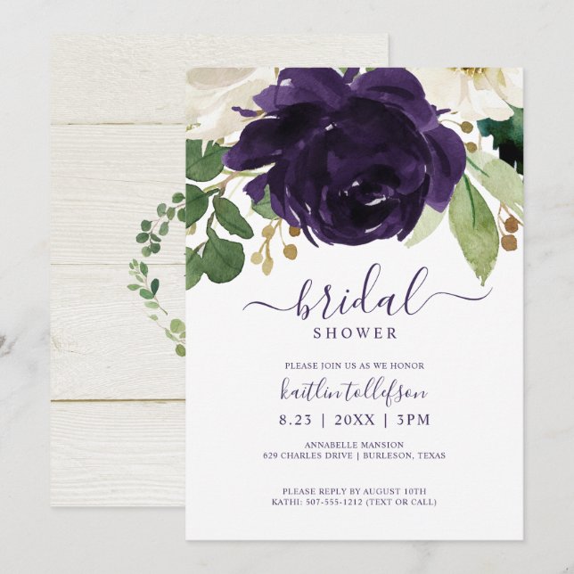 Bridal Shower Watercolor Bouquet Plum Purple Invitation (Front/Back)