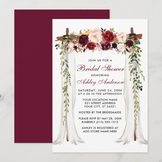 Bridal Shower Watercolor Burgundy Floral Canopy Invitation (Front/Back)