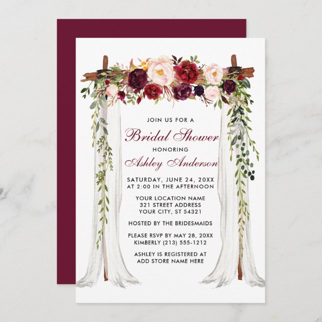 Bridal Shower Watercolor Burgundy Floral Canopy Invitation (Front/Back)